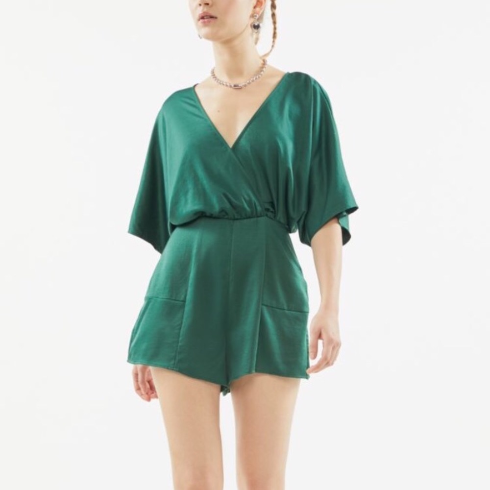 UO Satin Flutter Sleeve Romper